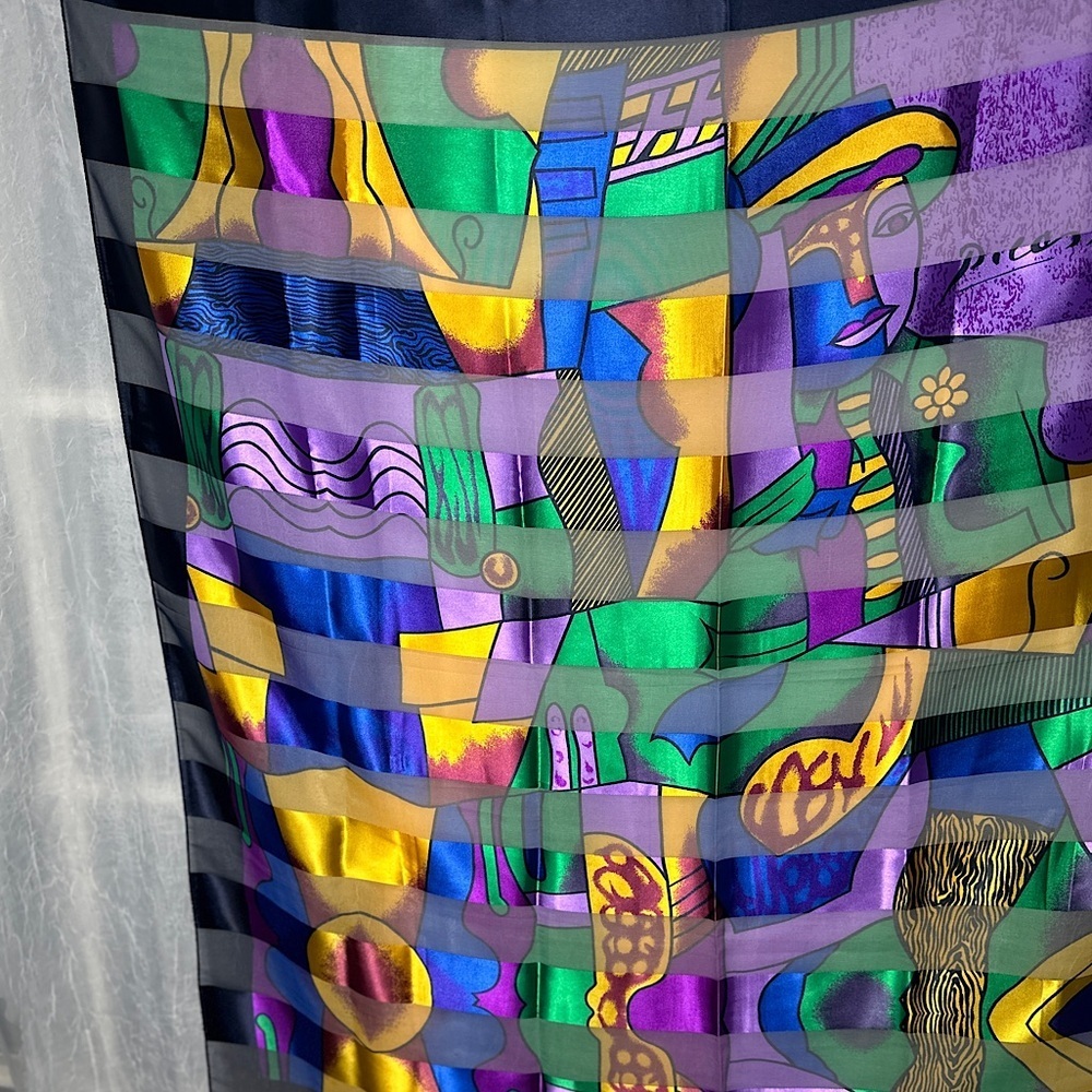 Vintage Picasso Multi Colored Cubist‎ Abstract Artsy Silk Scarf Wrap Tapestry - Picture 9 of 14
